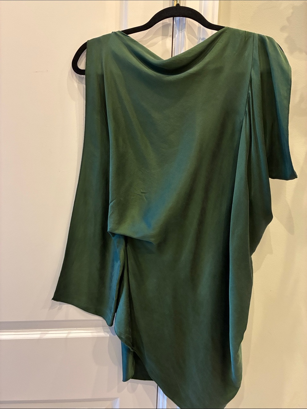100% silk Draped One-Shoulder Green Satin Top could be worn as a short dress